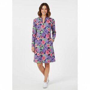 IBKUL Larisa Long Sleeve Zip Collar Dress Navy Floral Large Like New